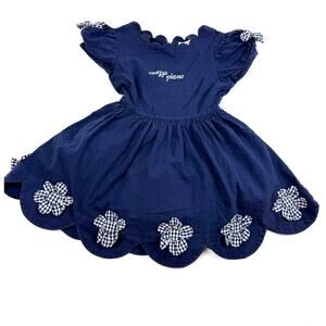 Mezzo Piano Navy Scalloped Hem Dress Gingham Floral Appliques Size 110 3T 4T